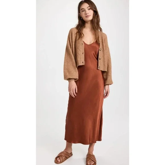 ENZA COSTA Dress Womens XS 0 Rust Satin Bias Slip Maxi Spaghetti Strap NWOT - Picture 3 of 16